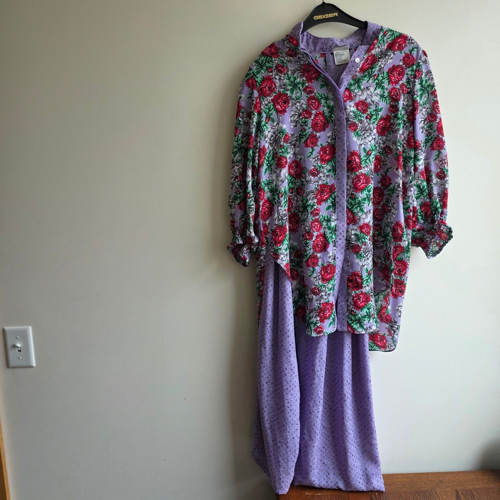 Vintage Purple Floral Rose Georgette Shirt and Pants Set Tunic Wide Leg Trousers